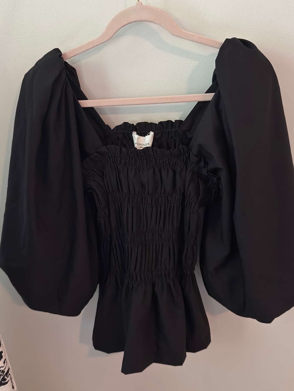 Romantic Black Smocked Puff-Sleeve Top pomander place size small